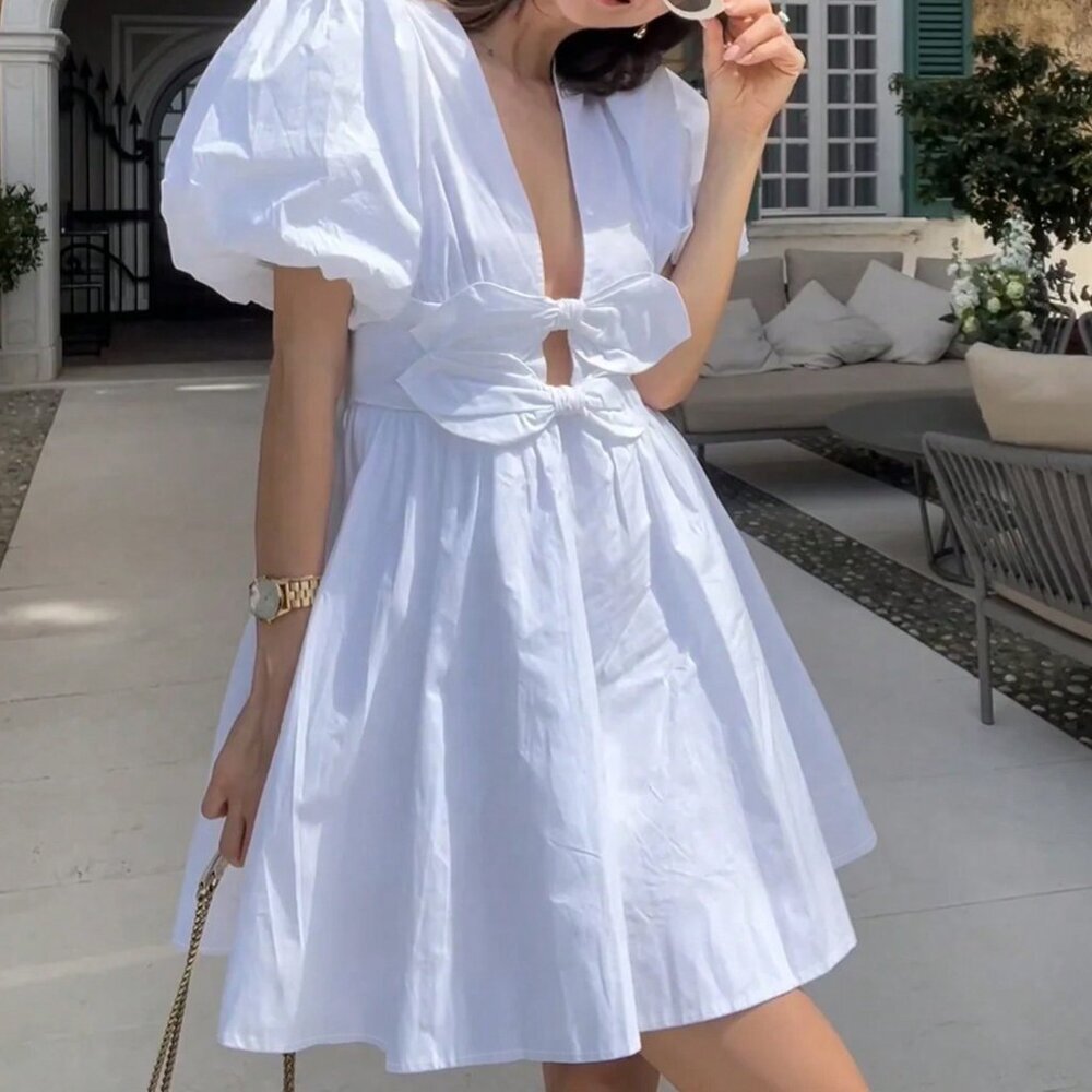 White Cute Women's Solid Short Sleeve Bow Decor Short Casual Sundress